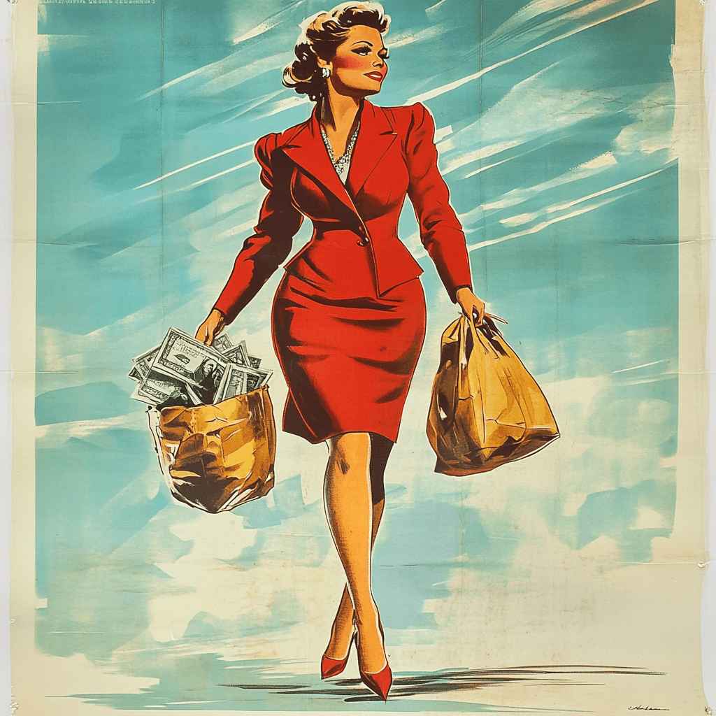 Vintage-style illustration of a confident woman in a red dress holding shopping bags, symbolizing financial independence and empowerment for women.