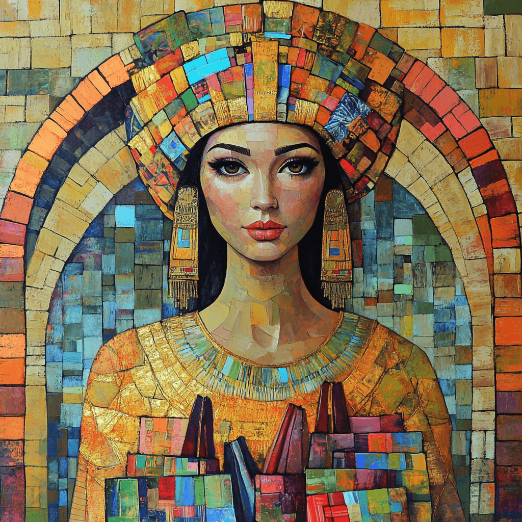 Expressionist painting of an ancient beauty icon showcasing timeless style and radiant elegance, inspired by beauty secrets from around the world