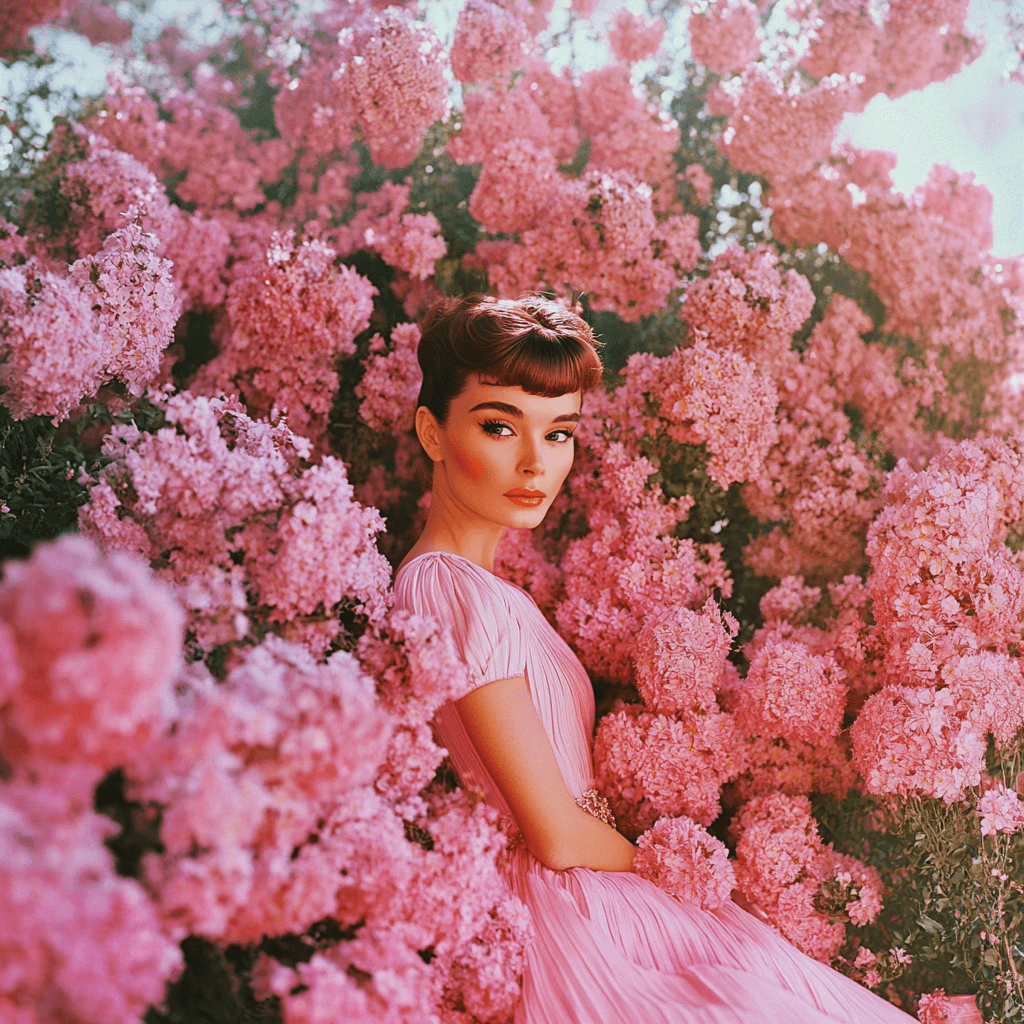 A radiant woman in a pink dress surrounded by vibrant pink flowers, embodying femininity, self-care, and confidence.