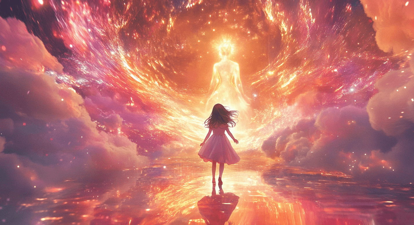 A young girl in a flowing dress walking toward a glowing figure surrounded by vibrant, ethereal light, symbolizing dreams, manifesting money and honouring your inner child.