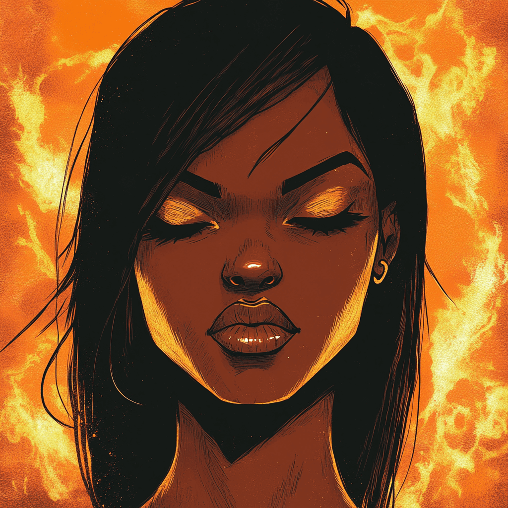 A powerful image of a woman with closed eyes, surrounded by a fiery background, symbolizing inner reflection and strength to overcome procrastination and achieve your goals.