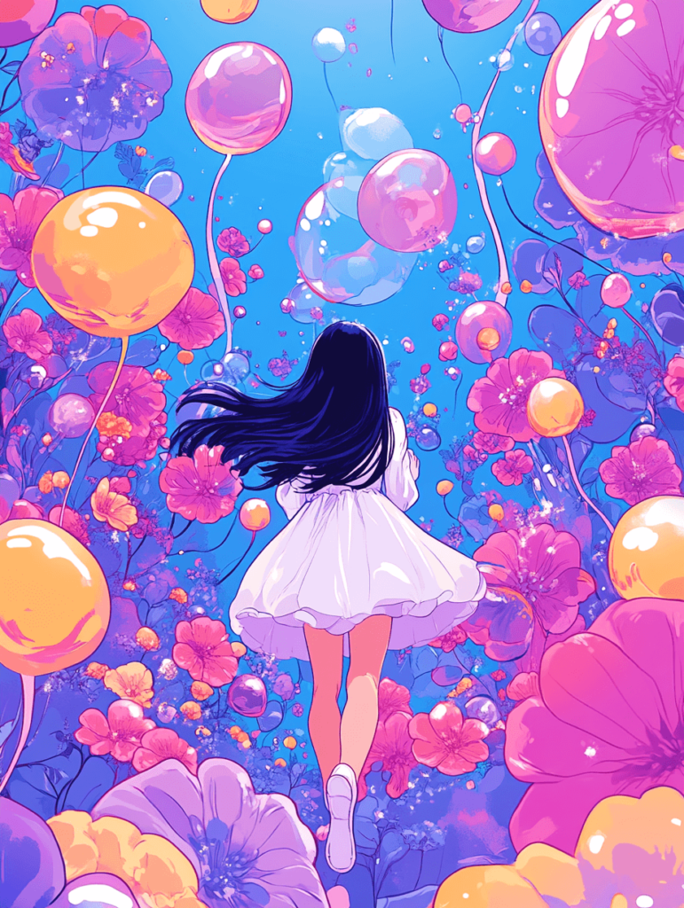 Walking Towards Healing and Transformation A woman in a white dress walking through a vibrant dreamlike field of colorful flowers and balloons, symbolizing healing and transformation.
