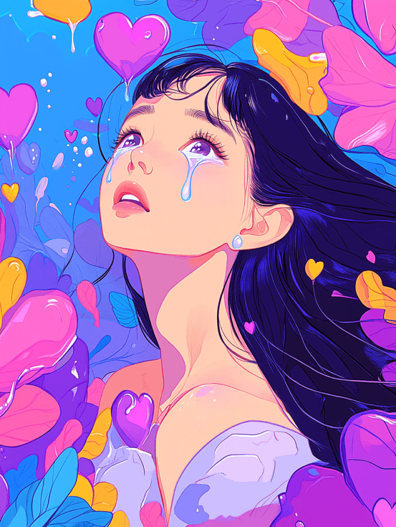 A woman shedding tears surrounded by floating hearts and colorful elements, symbolizing the release of emotions and pain.