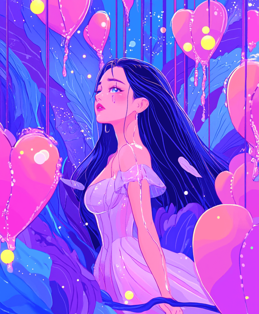 A woman in a flowing white dress surrounded by glowing hearts and a dreamlike background, symbolizing self-love and rediscovering worth.