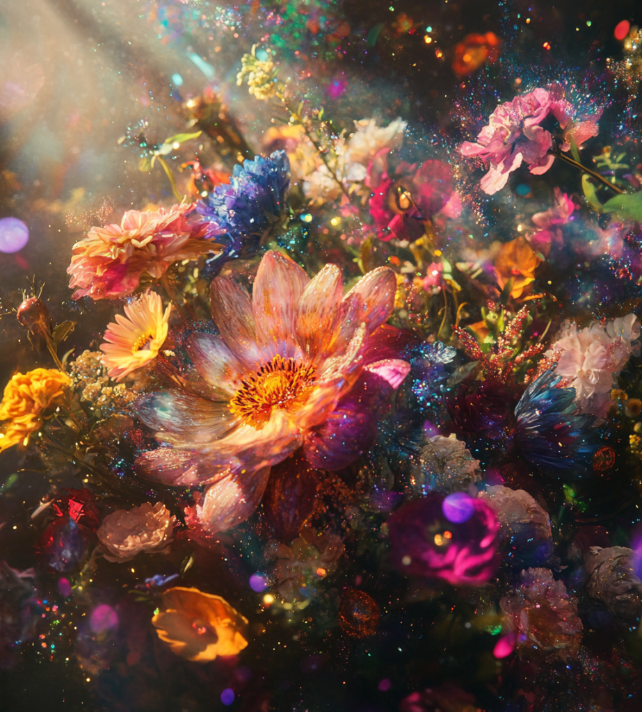 A magical close-up of a single vibrant flower surrounded by colorful blooms and glowing light, evoking the beauty of the most beautiful flowers in the world.