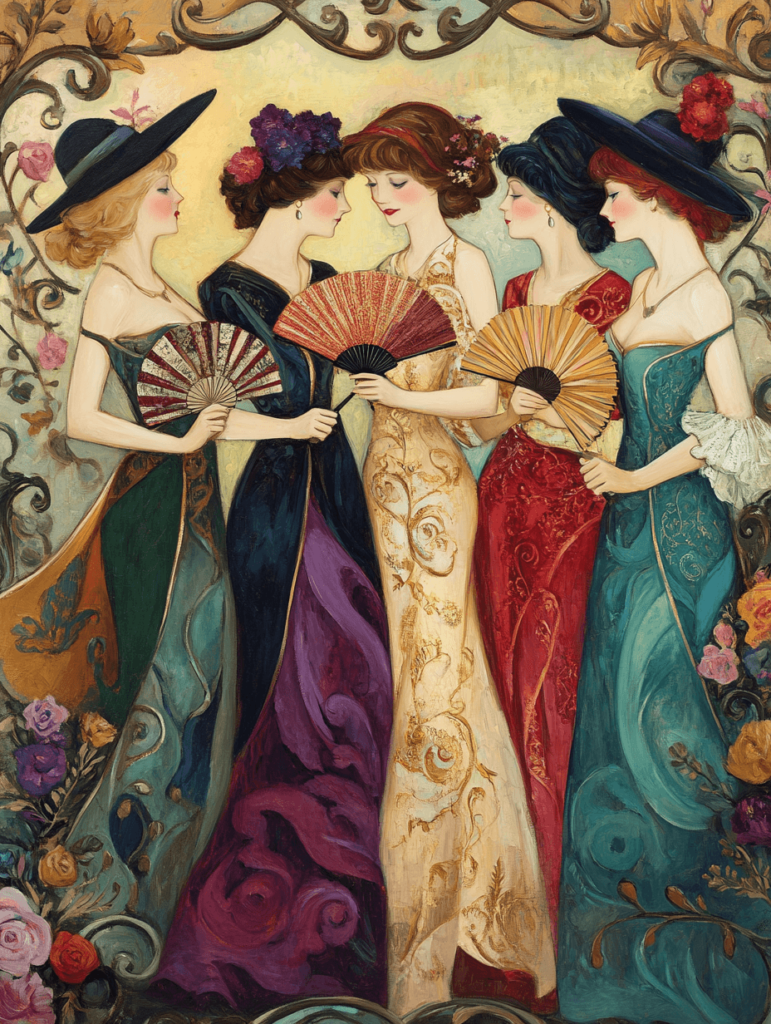 Elegant painting of five women in vibrant dresses holding fans, symbolizing the essence of empowering perfumes and feminine confidence.