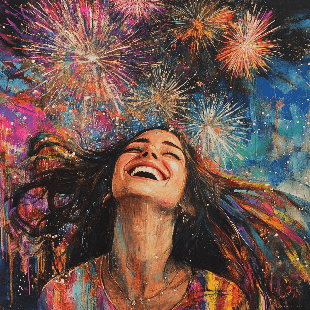 A vibrant, joyful woman surrounded by colorful fireworks, symbolizing elevated energy and happiness.