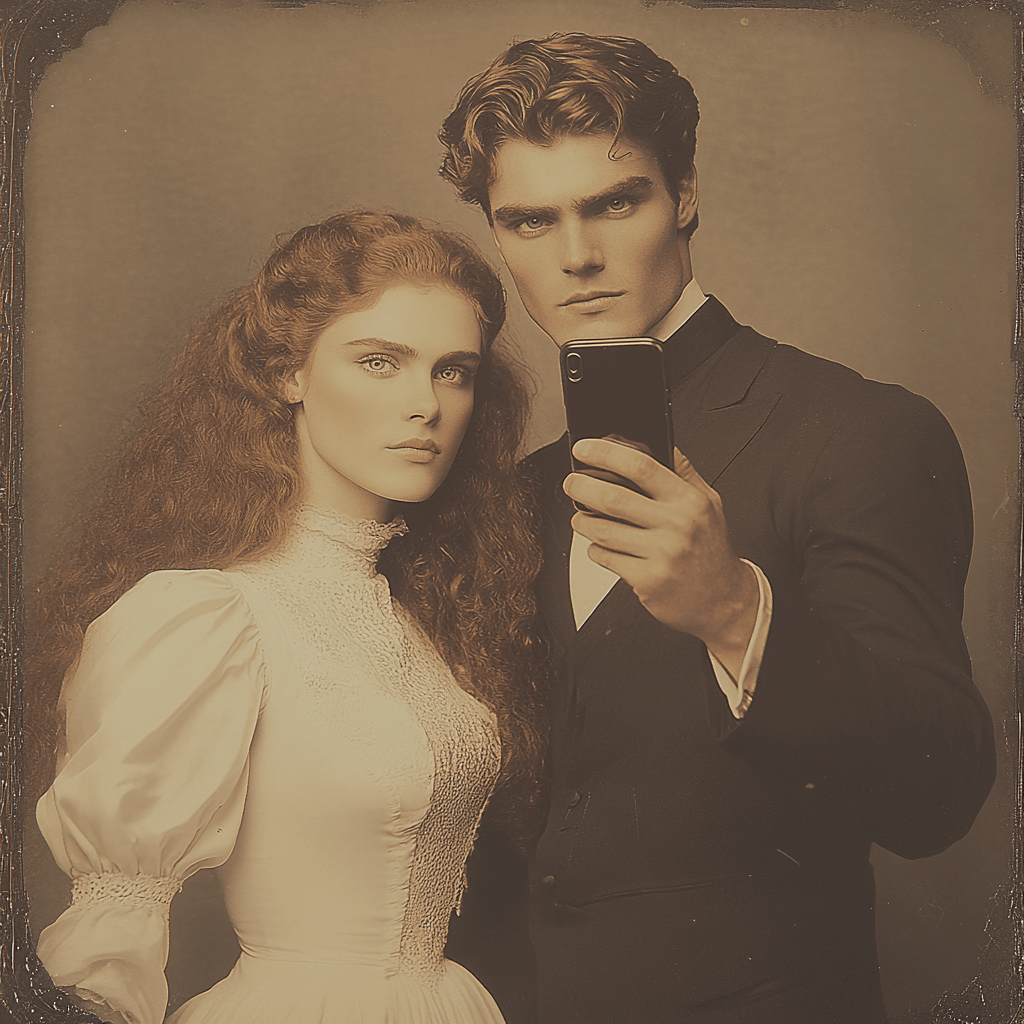 A Victorian-era couple posing with a smartphone, symbolizing the evolution of love language in modern relationships.