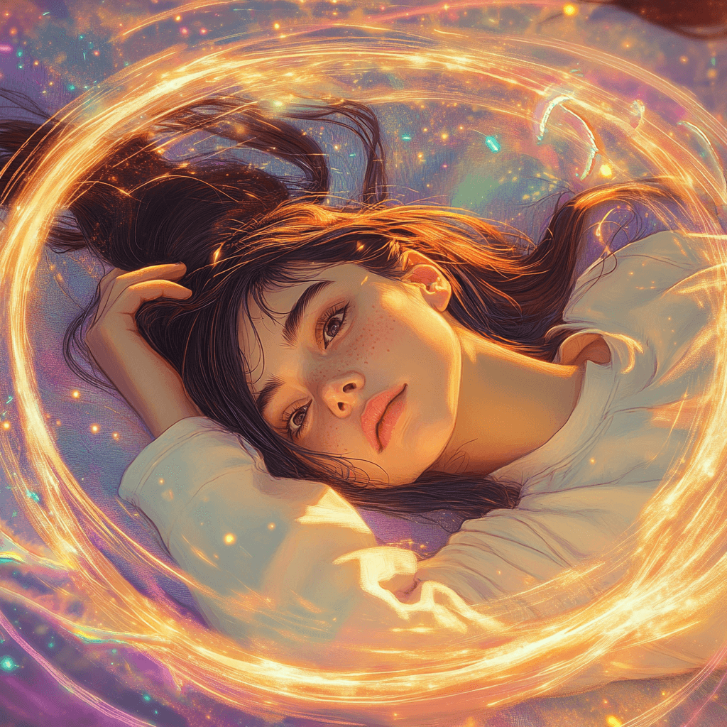 A young woman lying on her back surrounded by a glowing, dreamy light, symbolizing reflection and rest."
