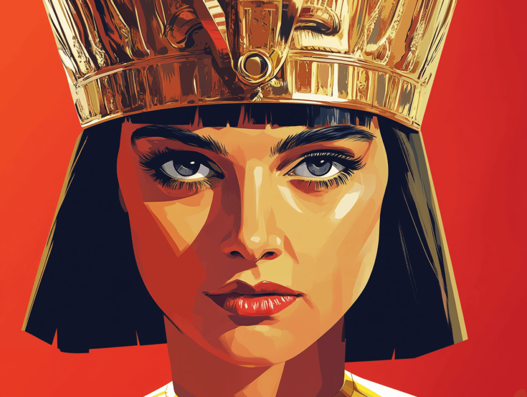 Bold and striking illustration of Queen Cleopatra, featuring her signature black square-cut hair, kohl-lined eyes, and a golden crown against a vibrant red background