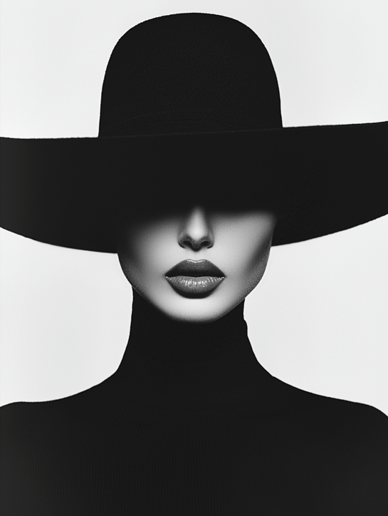 A mysterious woman with a black hat covering her eyes, representing the hidden power of the inner critic