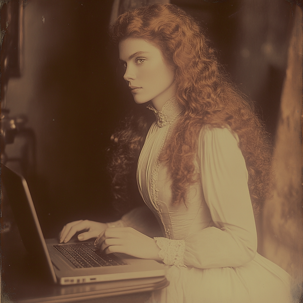 A Victorian-era woman typing on a laptop, representing how love language is expressed through digital communication.