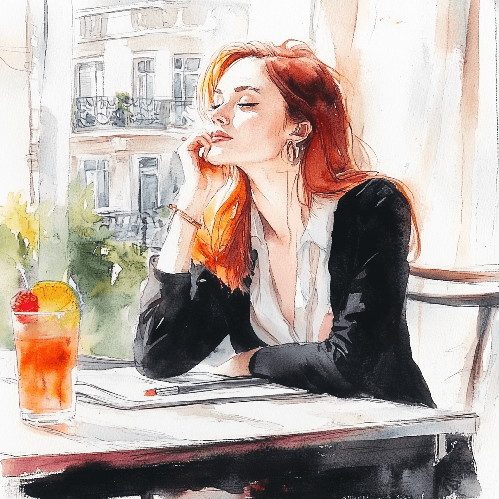 A woman sitting at a café, enjoying a mindful moment—demonstrating how self-care and reflection are essential microhabits for success.