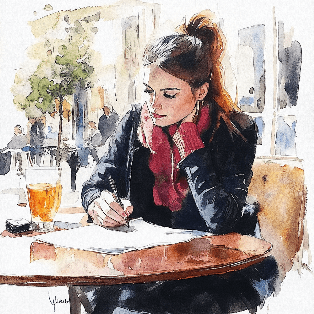 A woman journaling at a café, emphasizing how writing, goal-setting, and reflection are key microhabits for success.