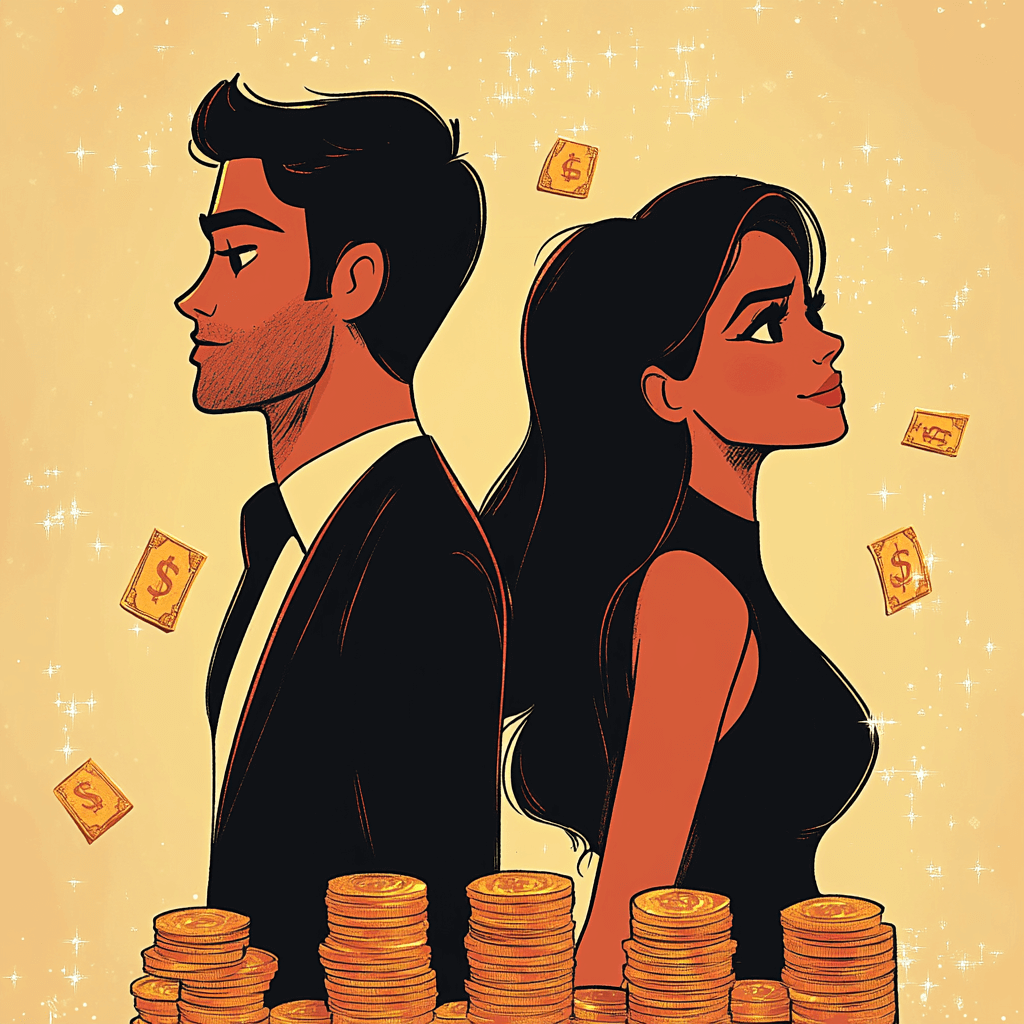 A stylish couple standing back to back with floating dollar bills, symbolizing financial differences in relationships.