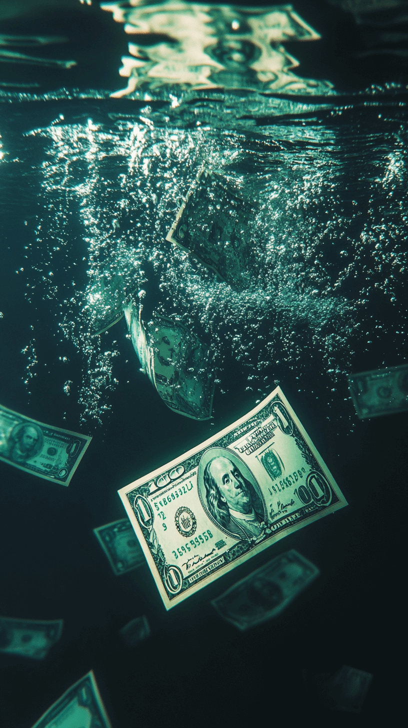 U.S. dollar bills sinking underwater, representing financial risks and wealth mismanagement.