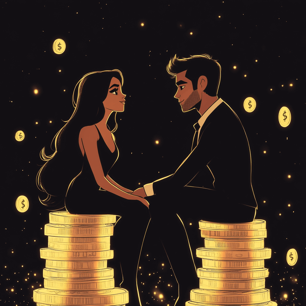 A couple holding hands while sitting on gold coin stacks, representing financial harmony in relationships.