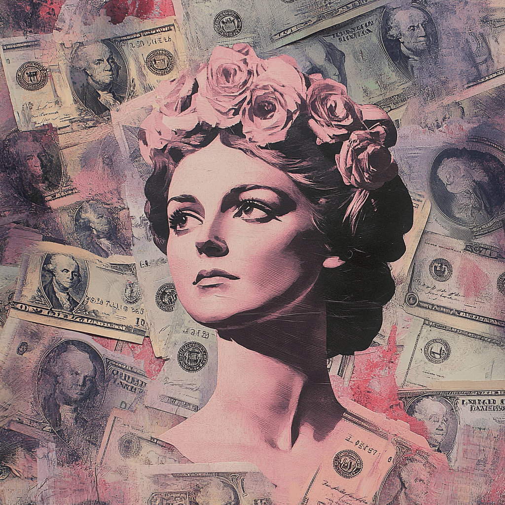 A classical portrait of a woman surrounded by vintage money, symbolizing inherited wealth and financial legacy.