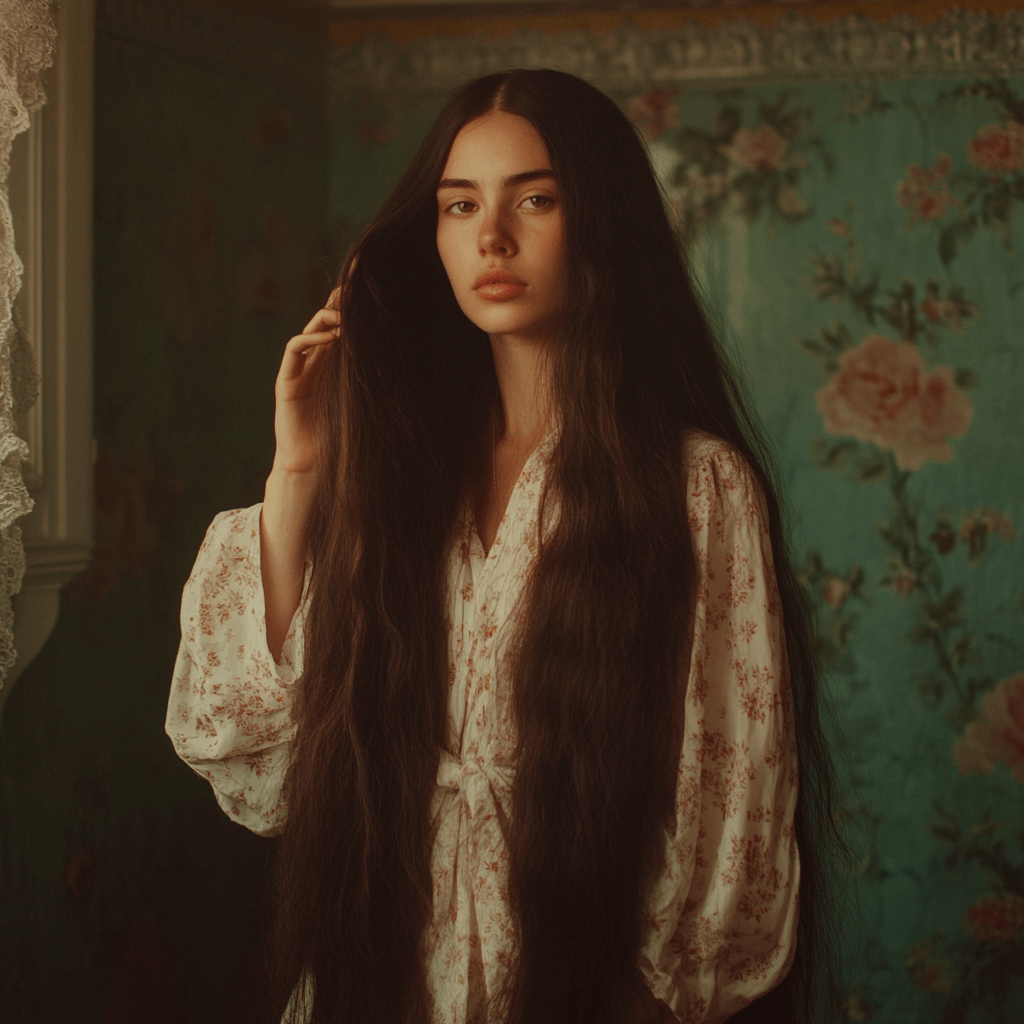 Woman with extremely long, dark hair standing in a floral-decorated room, embodying the benefits of scalp care essentials.