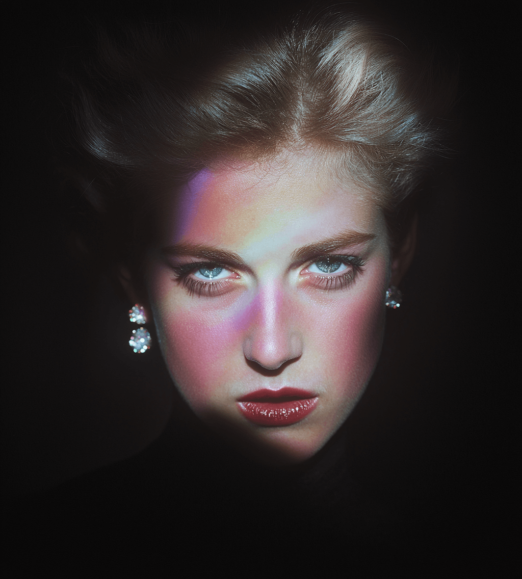 A dramatic close-up of Princess Diana with bold lighting, emphasizing resilience and determination, a visual representation of overcoming challenges and reclaiming self-worth.