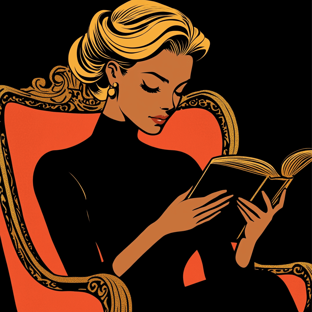 A stylish woman in a classic chair reading a book on money mindset, symbolizing wealth and financial growth through knowledge.
